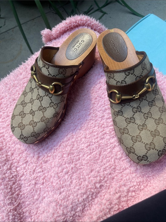 Gucci Shoes - Gucci Brown Beige Monogram Horsebit Clogs